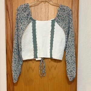 böhme Baloon Sleeve White Cropped Lace Trim Top Cottagecore Corset Soft Feminine